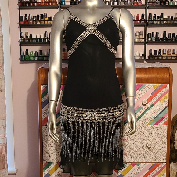 Basix II vintage silver beaded jewel dress flapper 100% silk vtg black 1920s - Picture 1 of 15